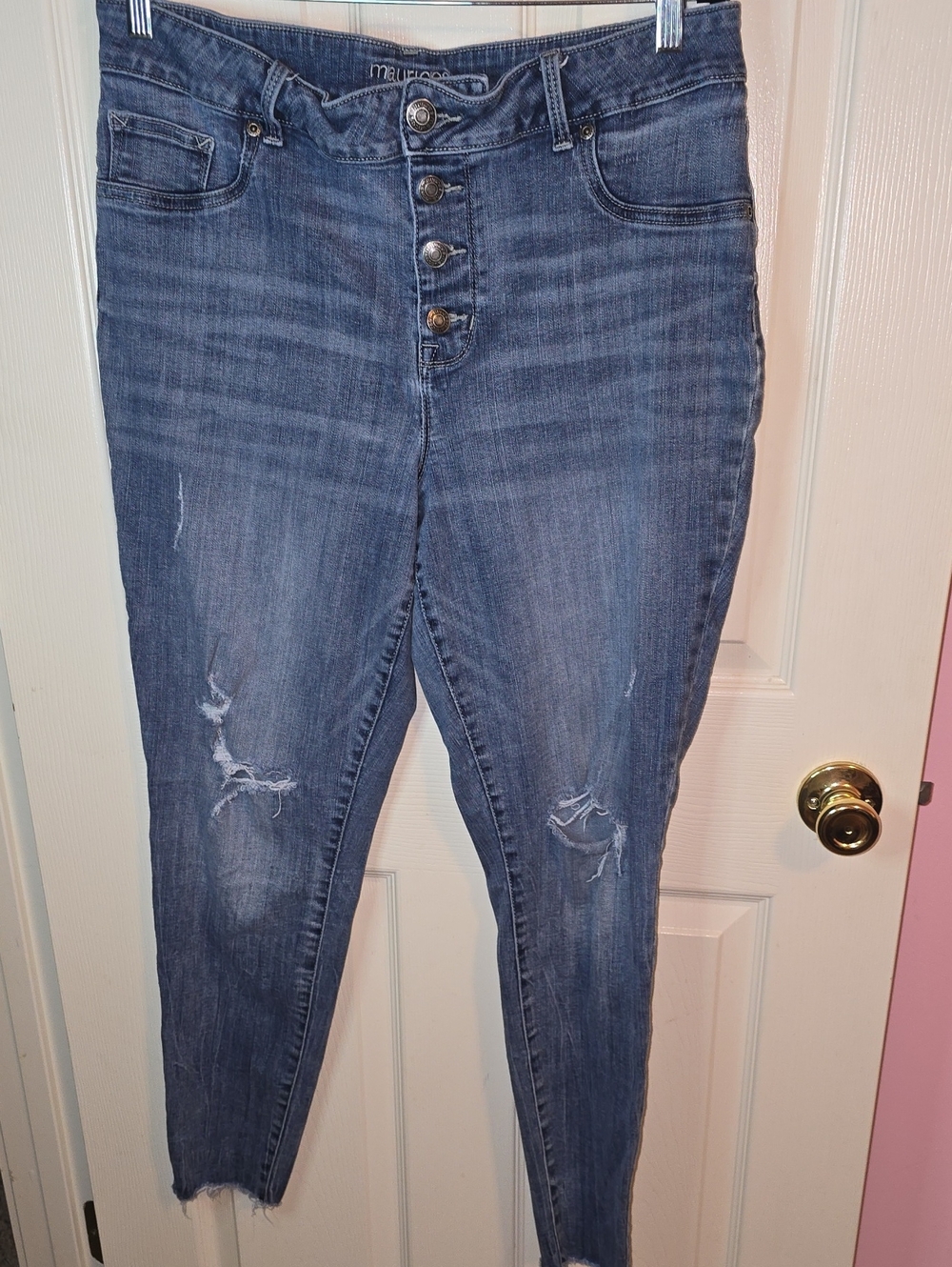 Maurices High-Rise Distressed Dark Blue Button-Fly Jeans
